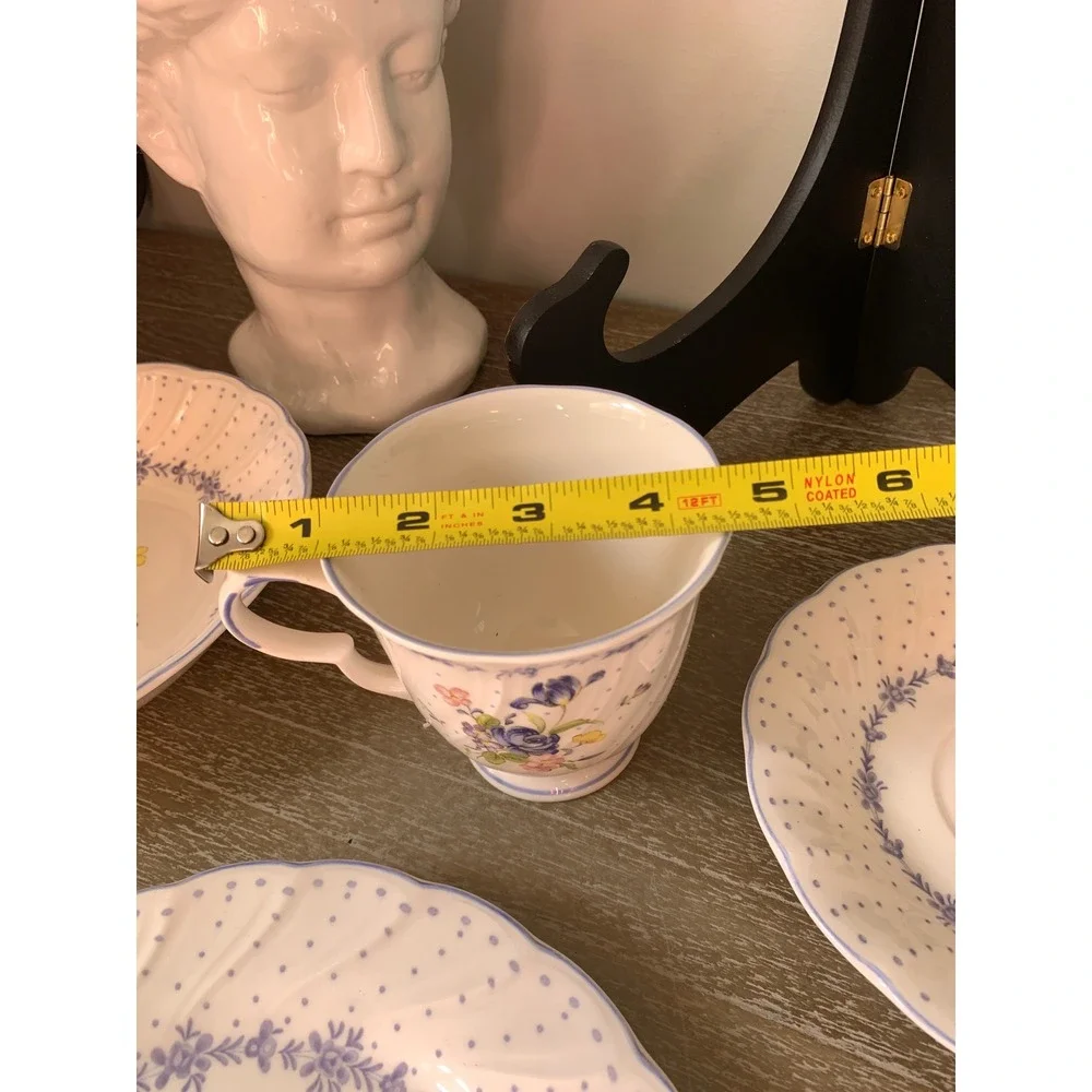 Nikko Blue Floral Polka Dot Porcelain Dinnerware 4pc Cottagecore Scalloped Rim